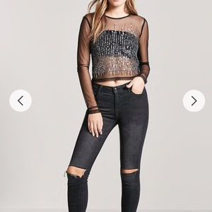 Sheer Black Sequin Crop Top